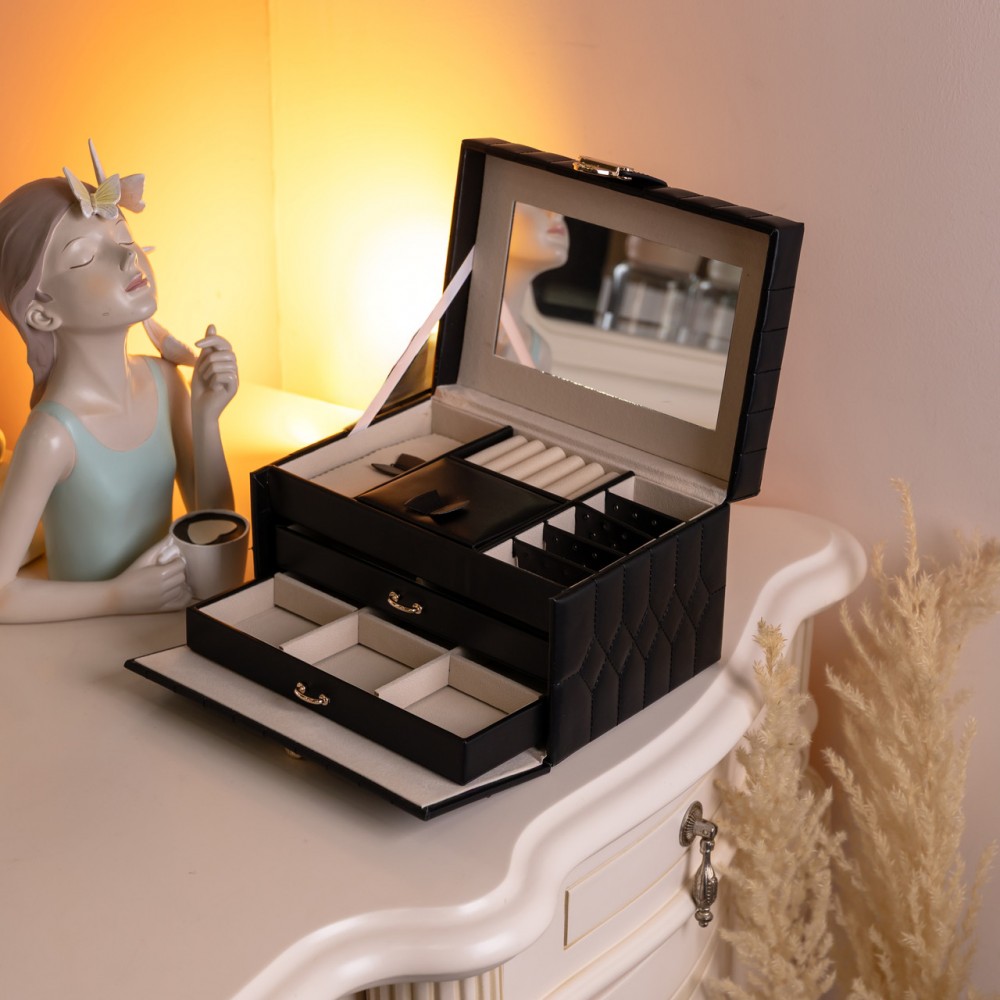 Шкатулка для украшений из эко кожи 3 яруса с зеркалом органайзер для ювелирных изделий Черный Yiwu HP-5-17B