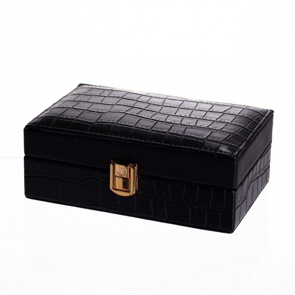 Шкатулка для украшений из эко кожи 3 отделения с зеркалом 16×10×6 см Черный HP-5-18B