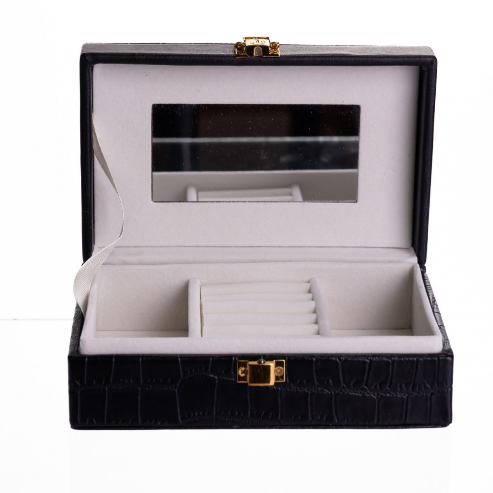 Шкатулка для украшений из эко кожи 3 отделения с зеркалом 16×10×6 см Черный HP-5-18B