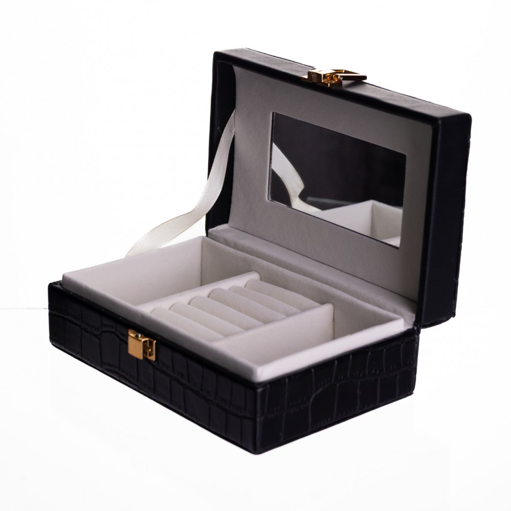 Шкатулка для украшений из эко кожи 3 отделения с зеркалом 16×10×6 см Черный HP-5-18B