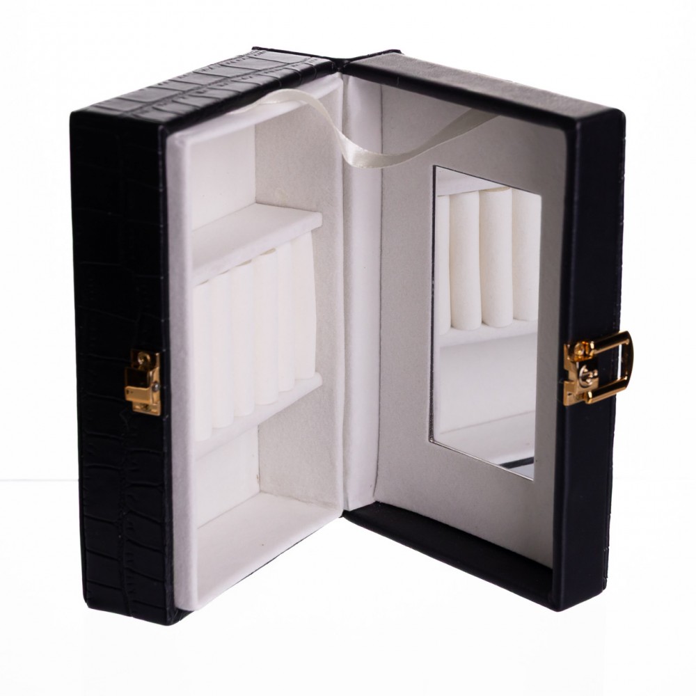 Шкатулка для украшений из эко кожи 3 отделения с зеркалом 16×10×6 см Черный HP-5-18B