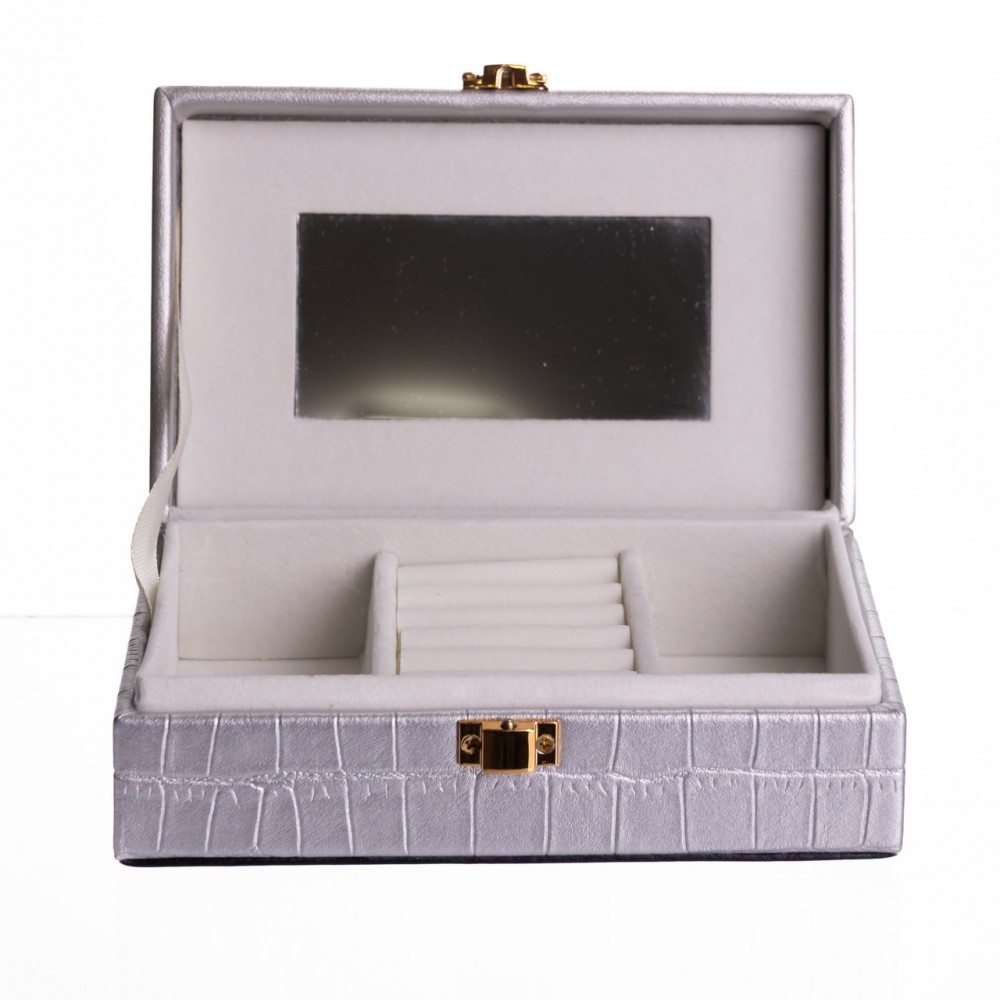 Шкатулка для украшений из эко кожи 3 отделения с зеркалом 16×10×6 см Серый HP-5-18G