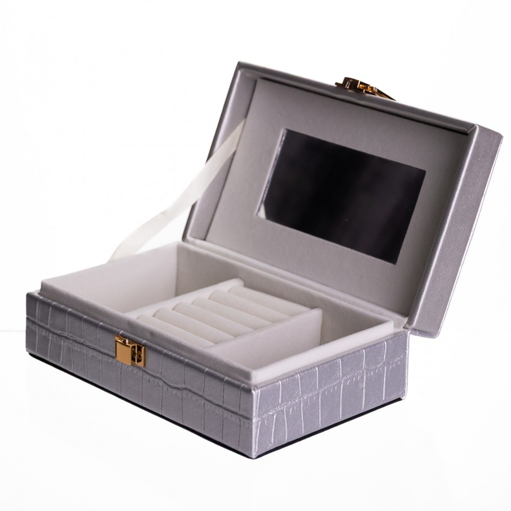 Шкатулка для украшений из эко кожи 3 отделения с зеркалом 16×10×6 см Серый HP-5-18G