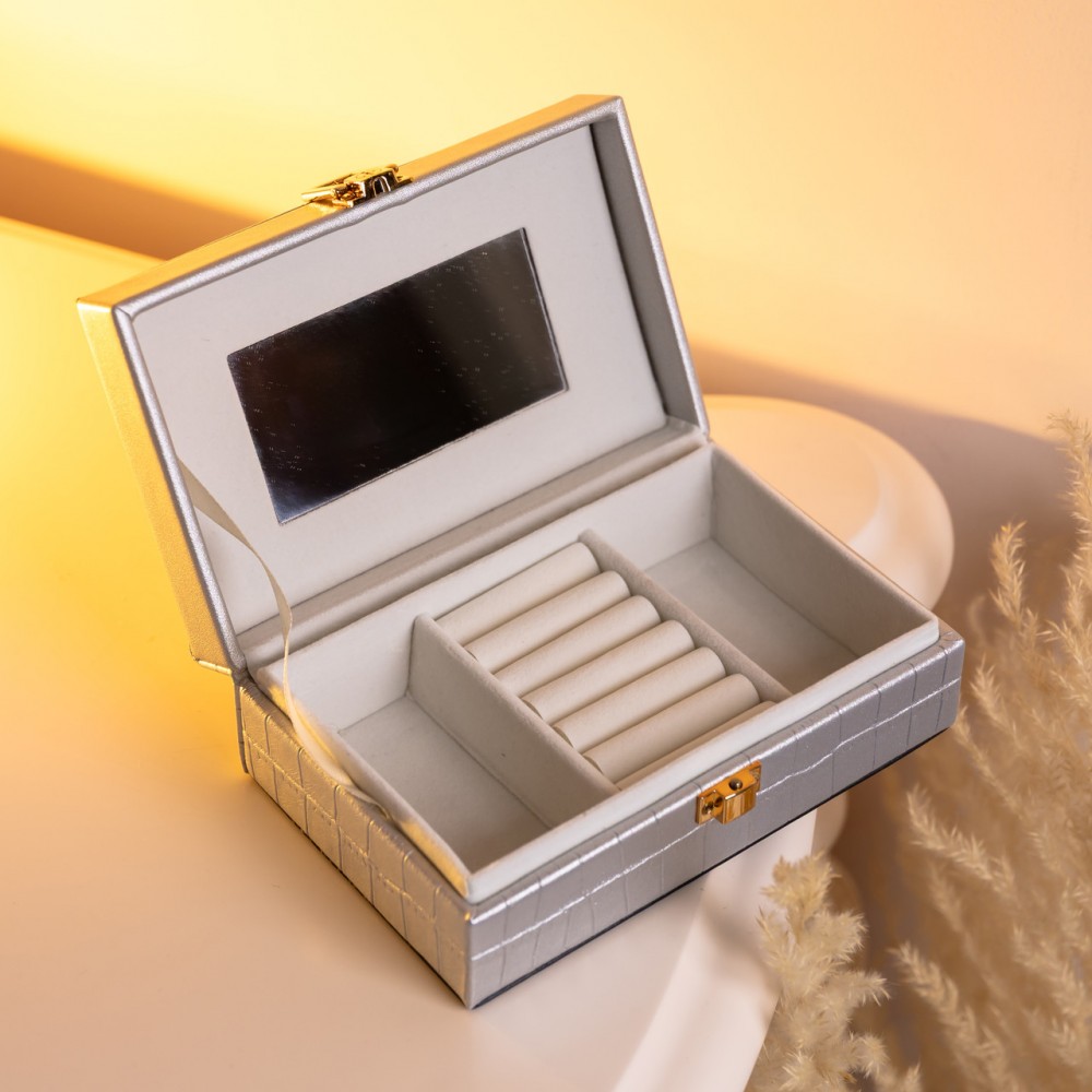 Шкатулка для украшений из эко кожи 3 отделения с зеркалом 16×10×6 см Серый HP-5-18G