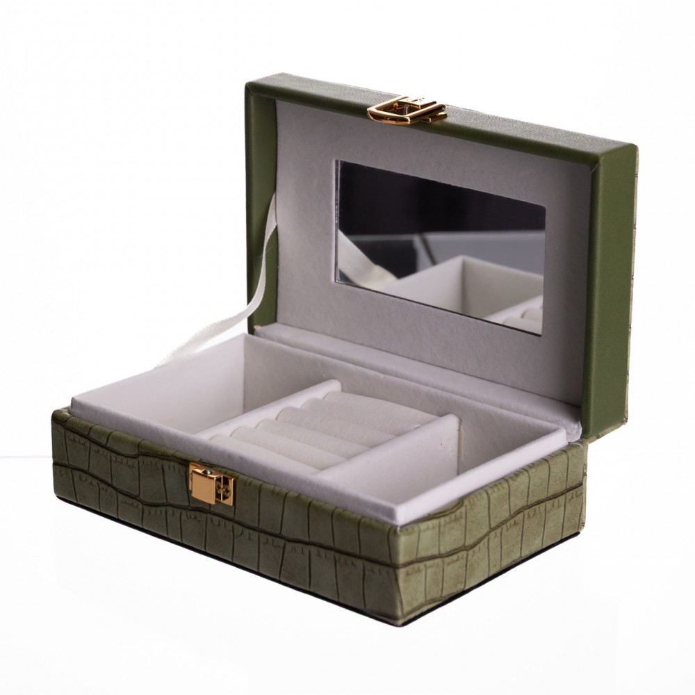 Шкатулка для украшений из эко кожи 3 отделения с зеркалом 16×10×6 см Зеленый HP-5-18GR