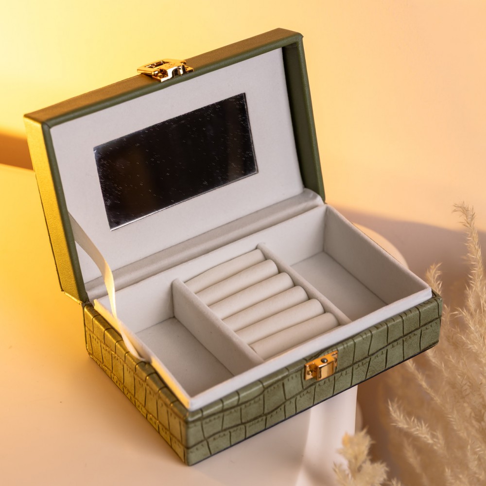 Шкатулка для украшений из эко кожи 3 отделения с зеркалом 16×10×6 см Зеленый HP-5-18GR