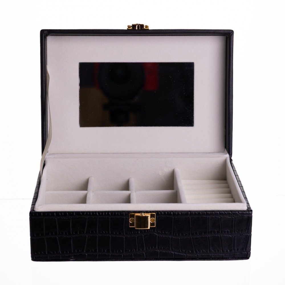 Шкатулка для украшений из эко кожи 10 отделений с зеркалом 20×14×8 см Черный HP-5-19B