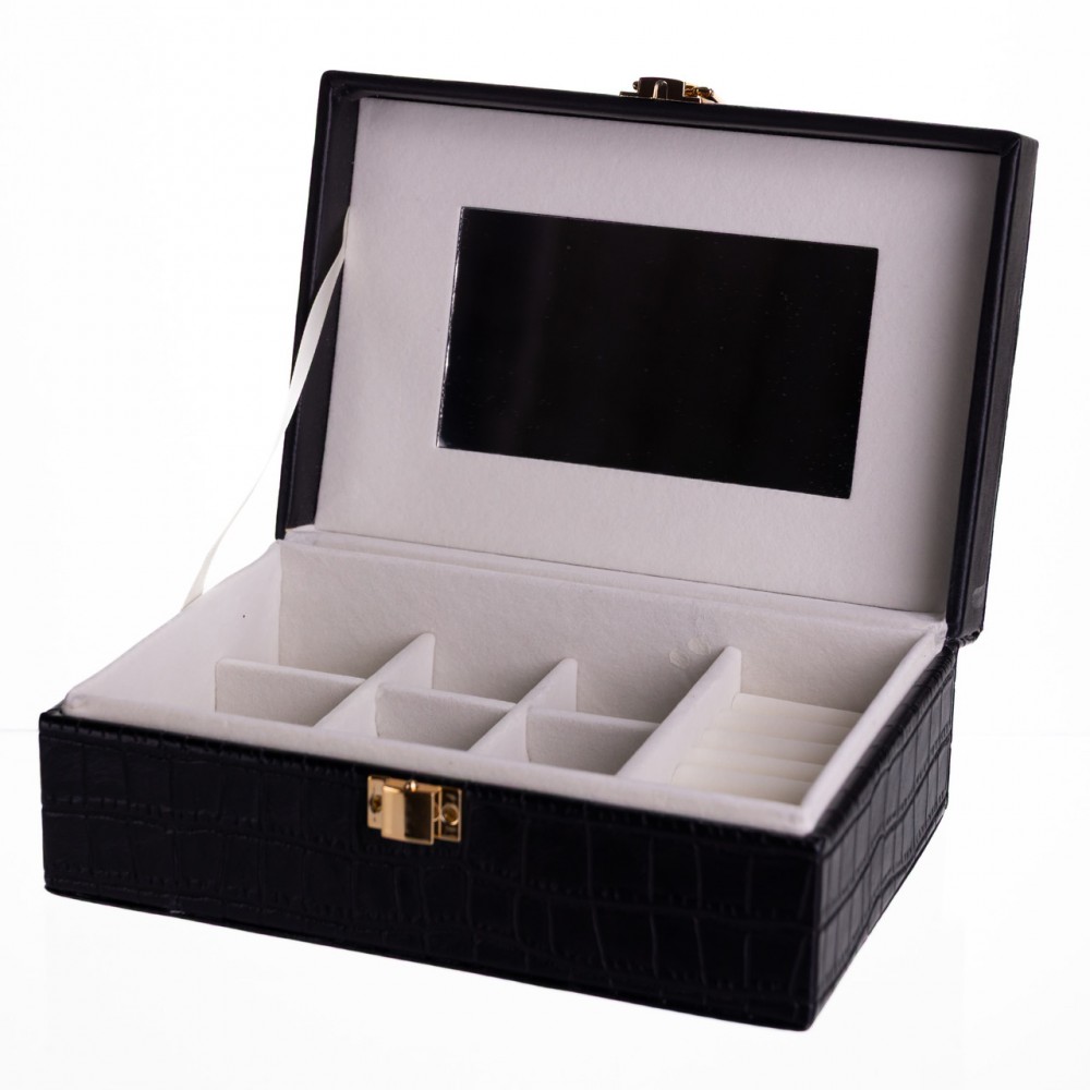 Шкатулка для украшений из эко кожи 10 отделений с зеркалом 20×14×8 см Черный HP-5-19B