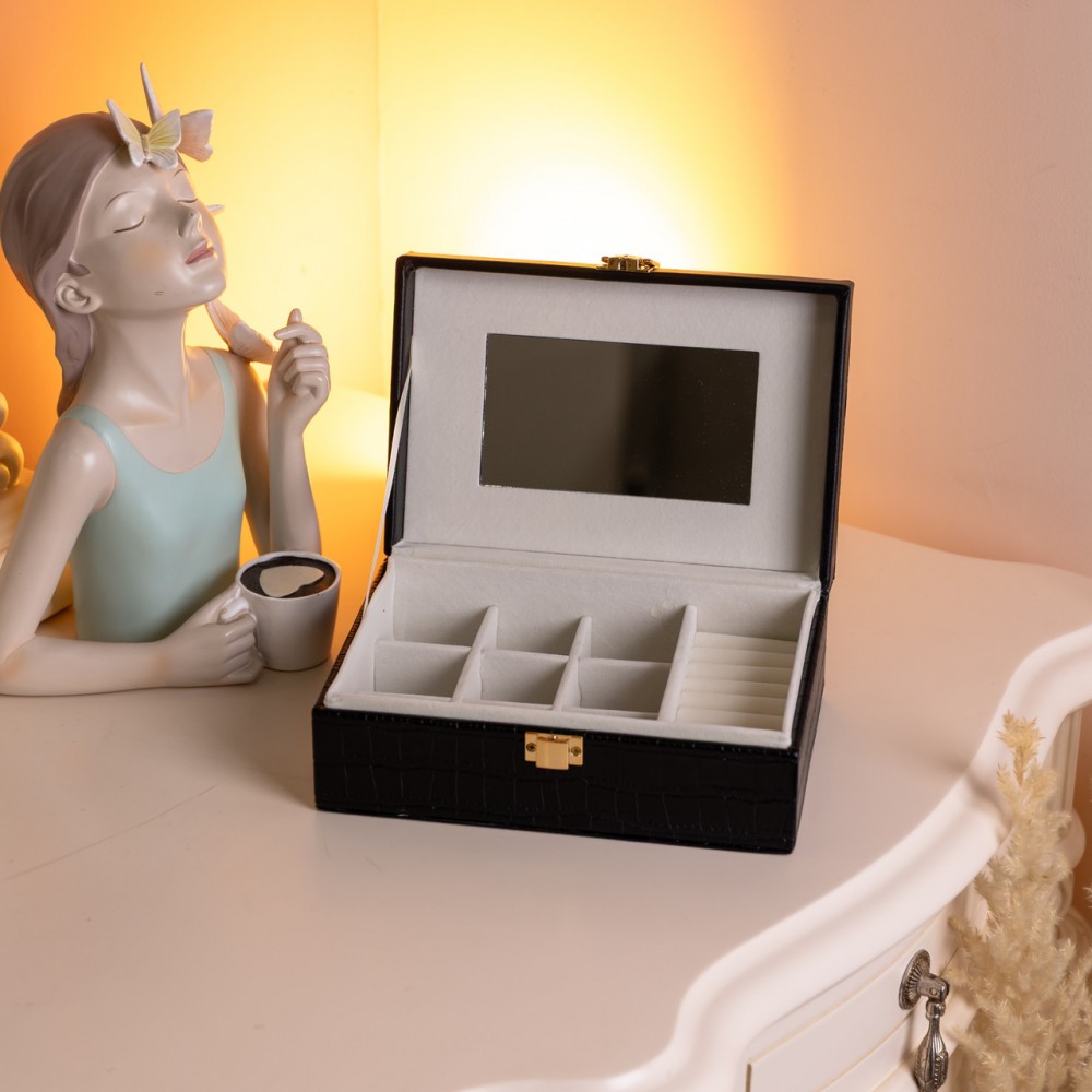 Шкатулка для украшений из эко кожи 10 отделений с зеркалом 20×14×8 см Черный HP-5-19B