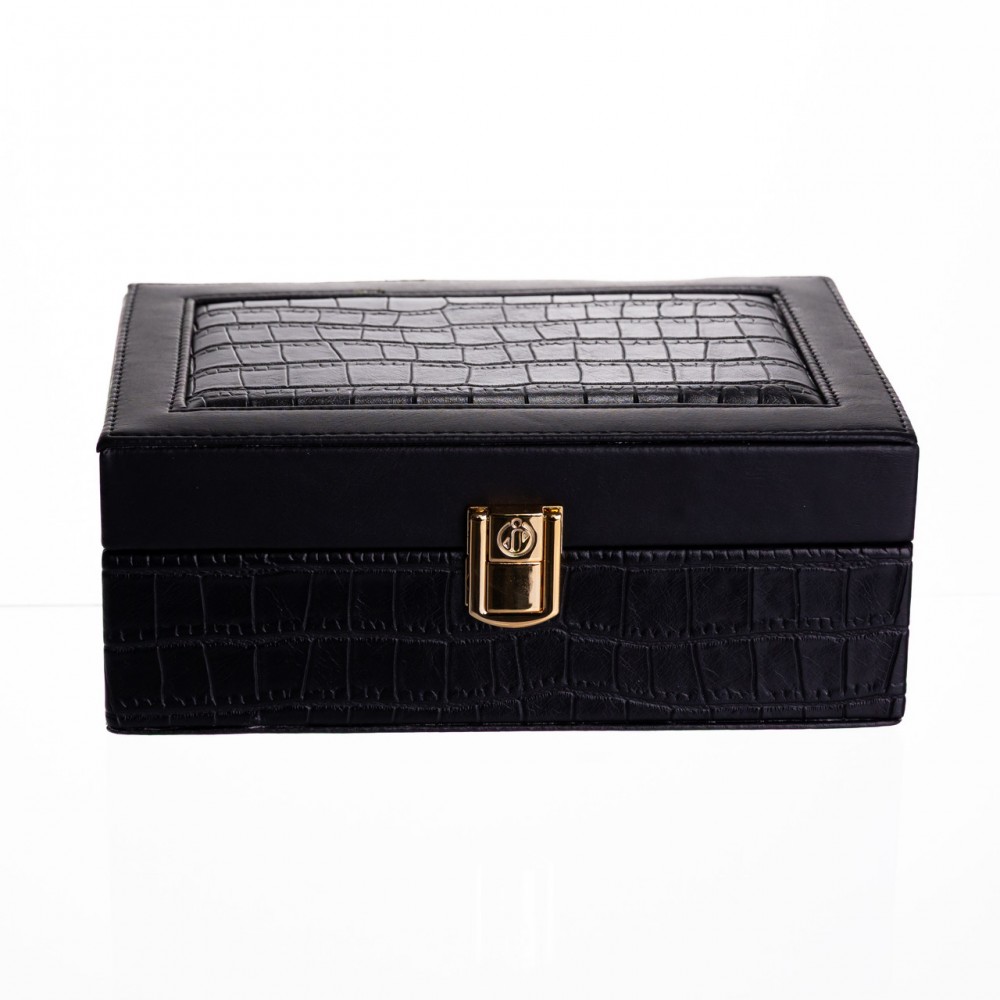 Шкатулка для украшений из эко кожи 10 отделений с зеркалом 20×14×8 см Черный HP-5-19B