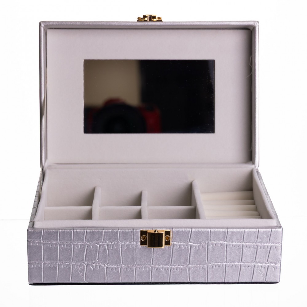 Шкатулка для украшений из эко кожи 10 отделений с зеркалом 20×14×8 см Серый HP-5-19G