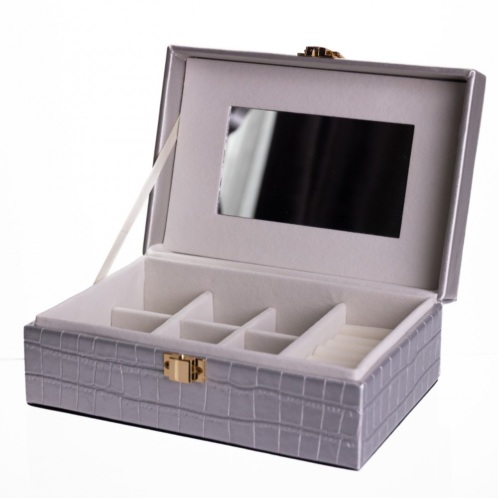 Шкатулка для украшений из эко кожи 10 отделений с зеркалом 20×14×8 см Серый HP-5-19G