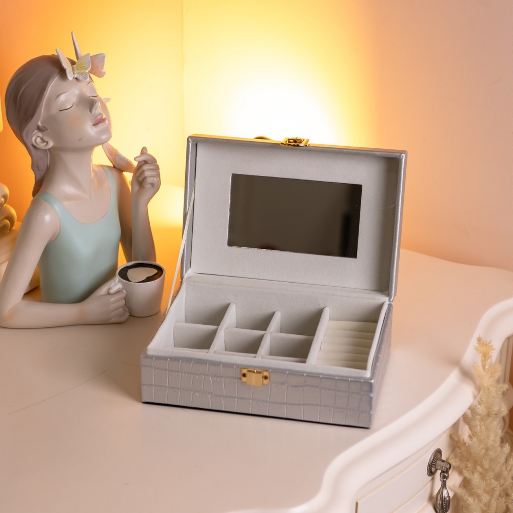 Шкатулка для украшений из эко кожи 10 отделений с зеркалом 20×14×8 см Серый HP-5-19G