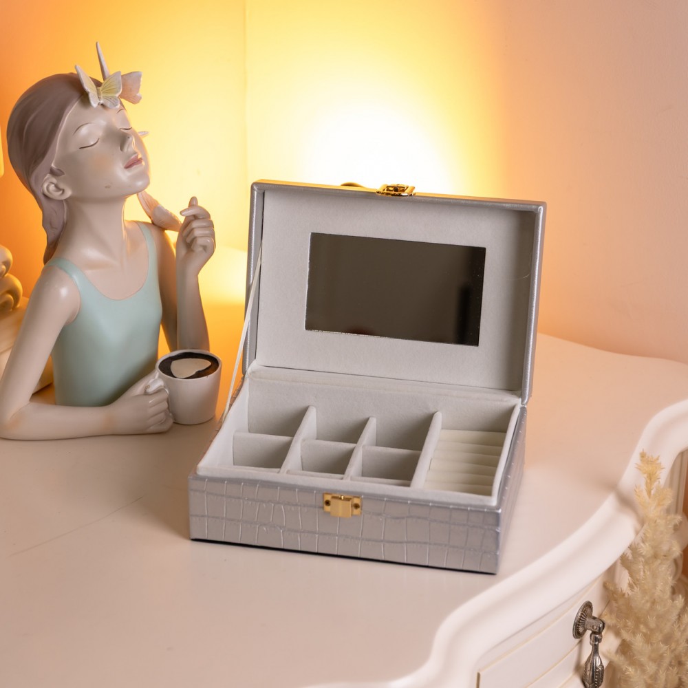 Шкатулка для украшений из эко кожи 10 отделений с зеркалом 20×14×8 см Серый HP-5-19G