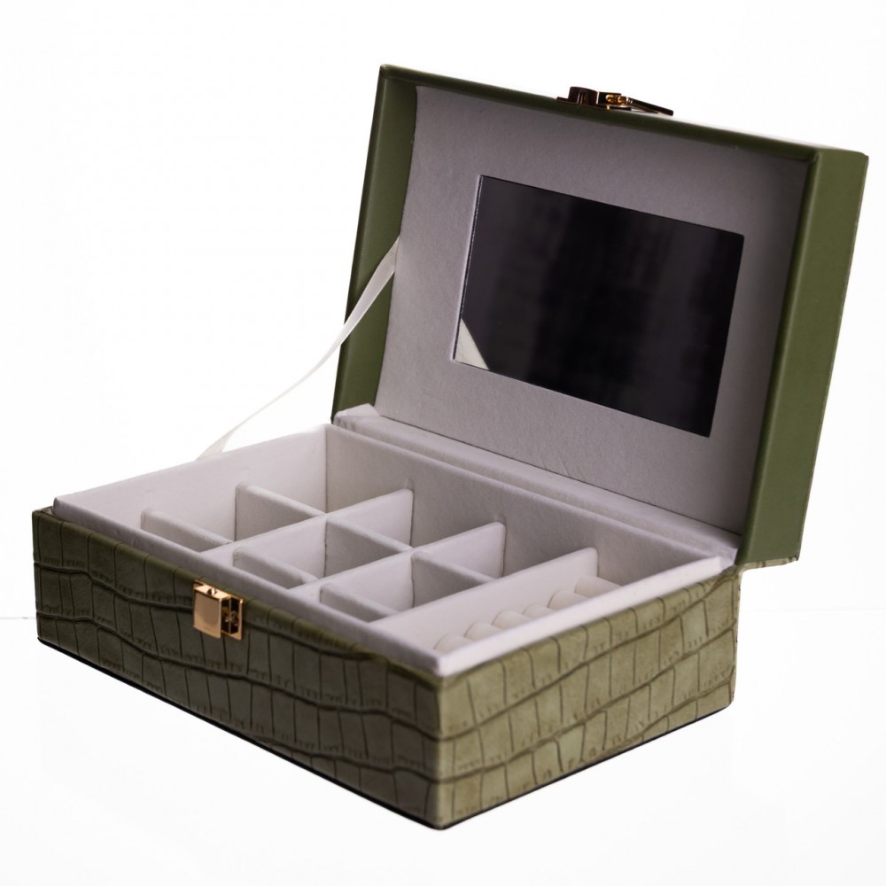 Шкатулка для украшений из эко кожи 10 отделений с зеркалом 20×14×8 см Зеленый HP-5-19GR