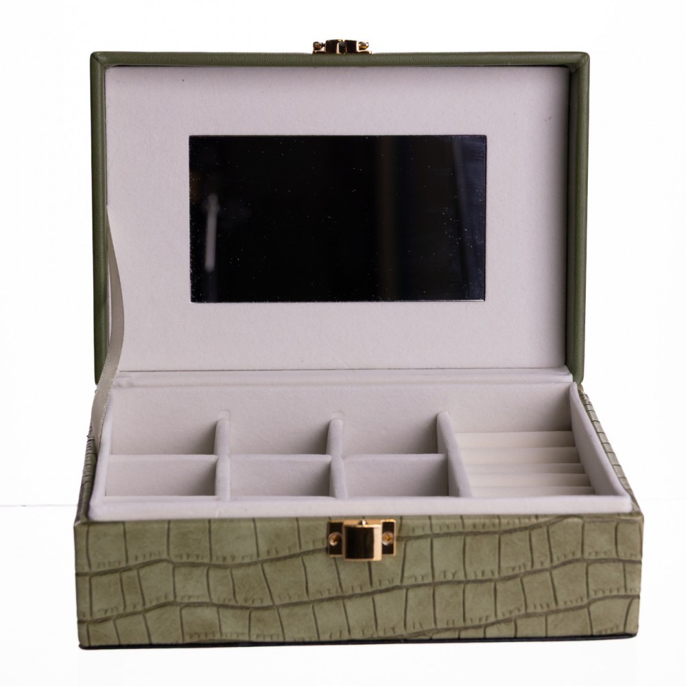 Шкатулка для украшений из эко кожи 10 отделений с зеркалом 20×14×8 см Зеленый HP-5-19GR