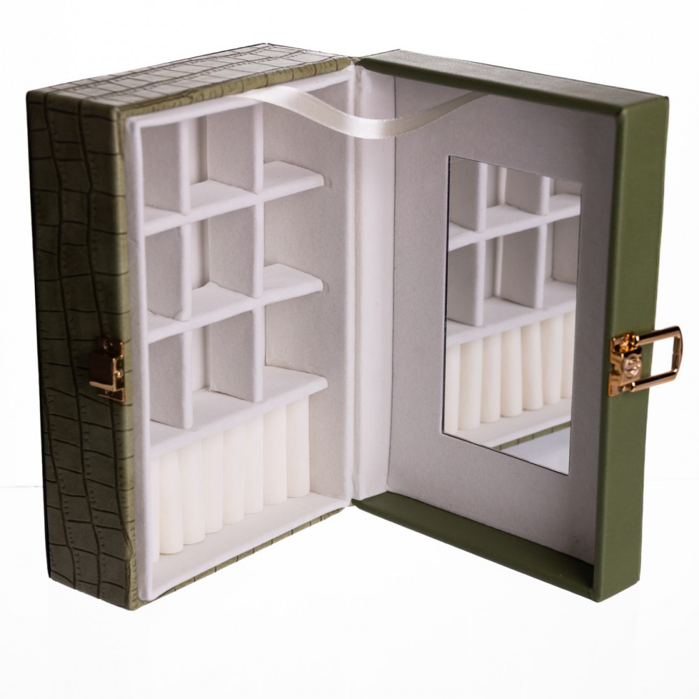 Шкатулка для украшений из эко кожи 10 отделений с зеркалом 20×14×8 см Зеленый HP-5-19GR