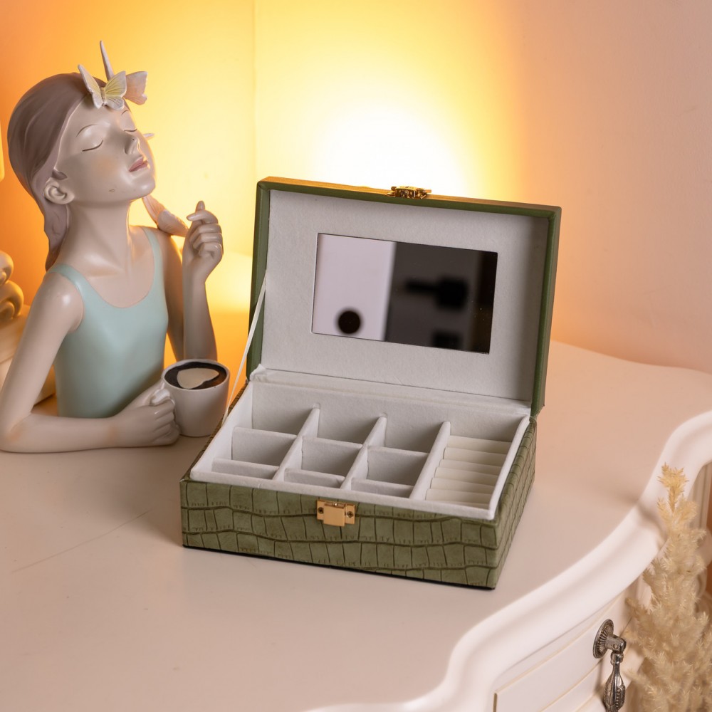 Шкатулка для украшений из эко кожи 10 отделений с зеркалом 20×14×8 см Зеленый HP-5-19GR