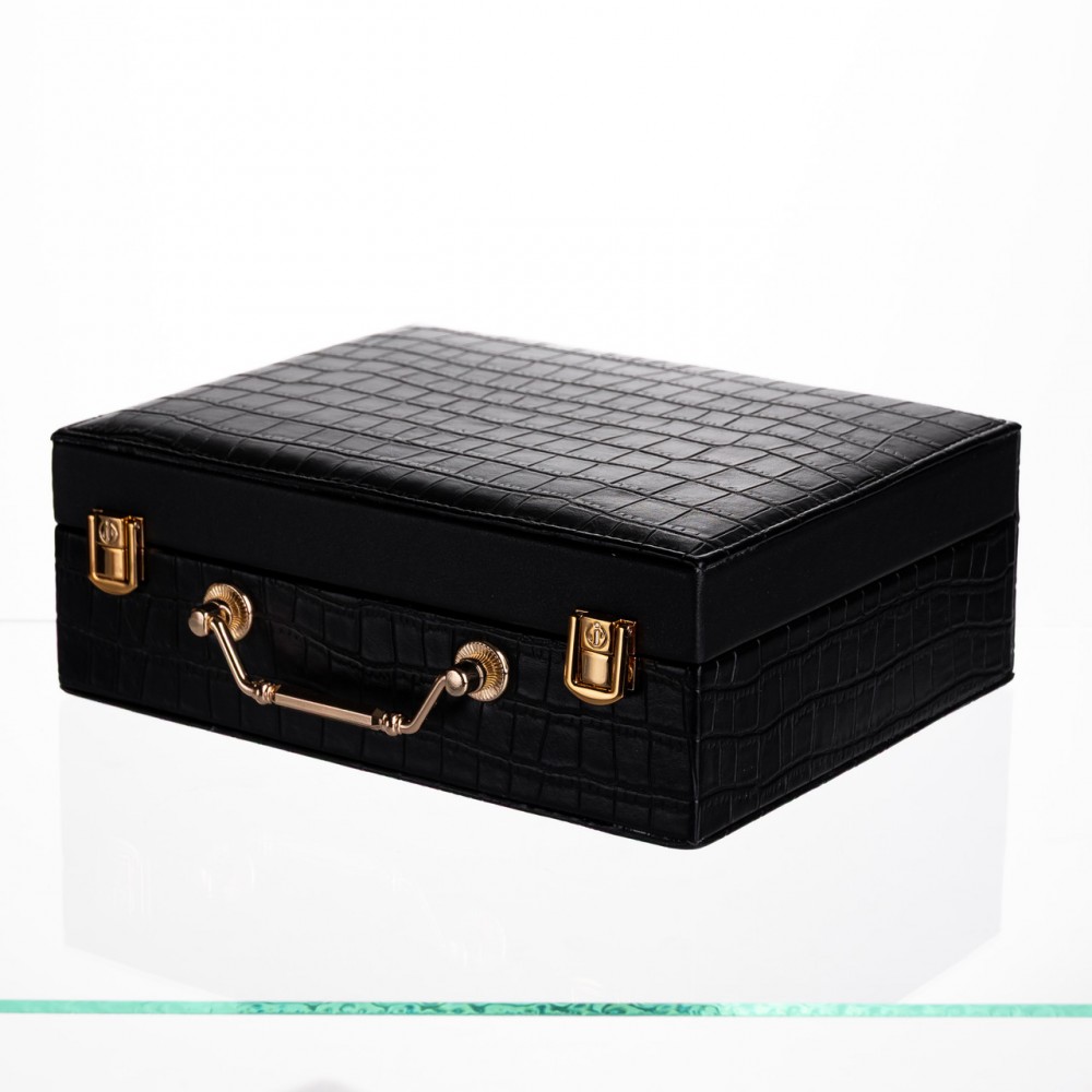 Шкатулка для украшений из эко кожи 19 отделений с зеркалом 23.5×14×8 см Черный HP-5-20B