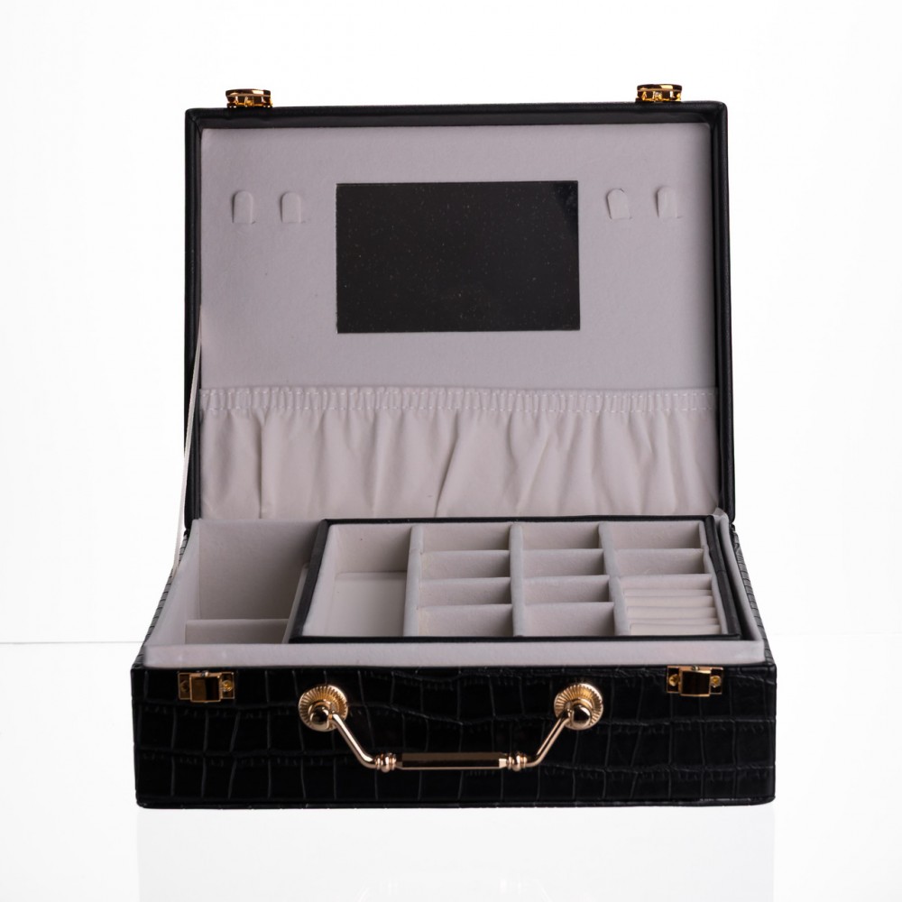 Шкатулка для украшений из эко кожи 19 отделений с зеркалом 23.5×14×8 см Черный HP-5-20B