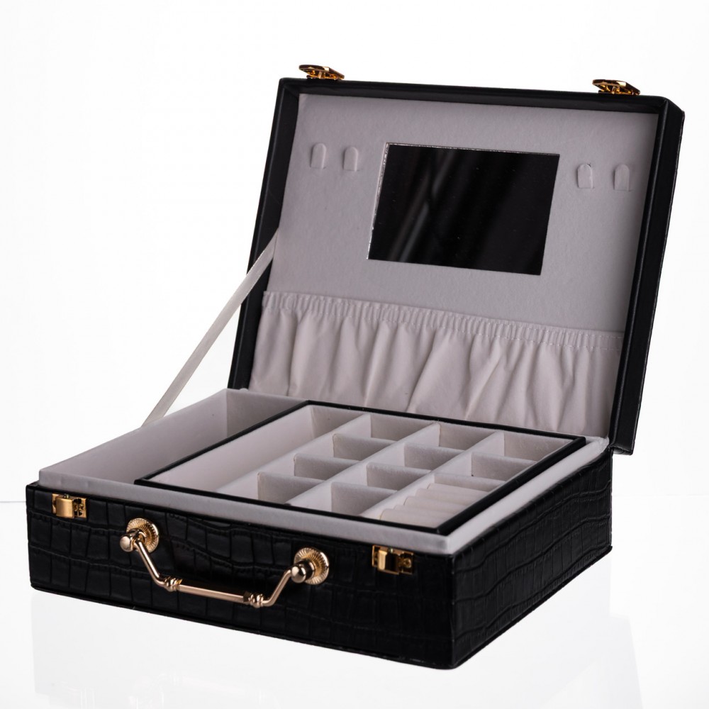 Шкатулка для украшений из эко кожи 19 отделений с зеркалом 23.5×14×8 см Черный HP-5-20B