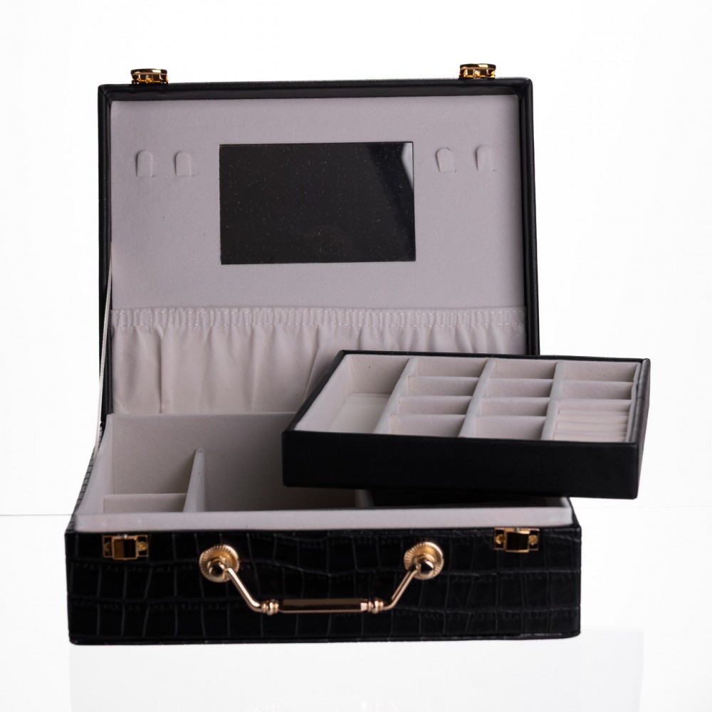 Шкатулка для украшений из эко кожи 19 отделений с зеркалом 23.5×14×8 см Черный HP-5-20B