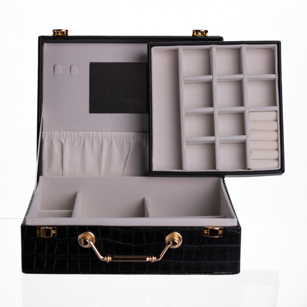 Шкатулка для украшений из эко кожи 19 отделений с зеркалом 23.5×14×8 см Черный HP-5-20B