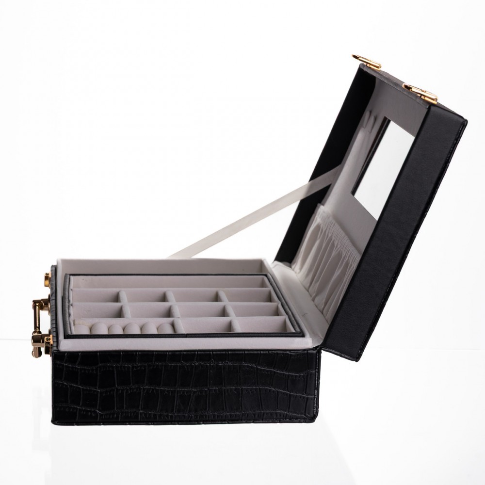 Шкатулка для украшений из эко кожи 19 отделений с зеркалом 23.5×14×8 см Черный HP-5-20B