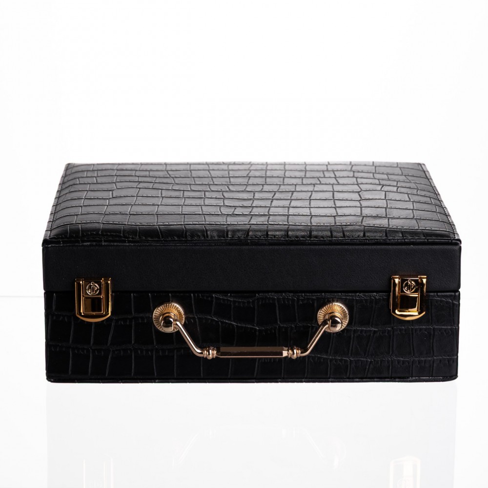 Шкатулка для украшений из эко кожи 19 отделений с зеркалом 23.5×14×8 см Черный HP-5-20B