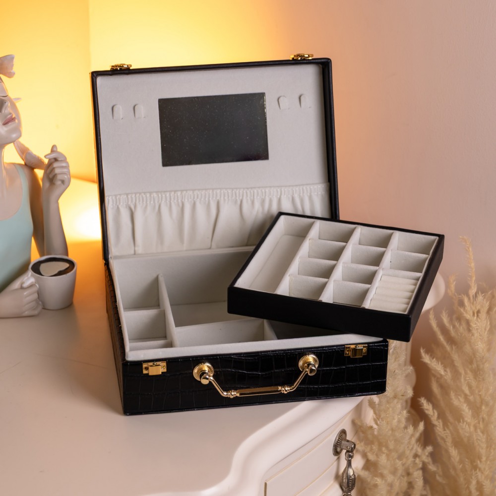 Шкатулка для украшений из эко кожи 19 отделений с зеркалом 23.5×14×8 см Черный HP-5-20B