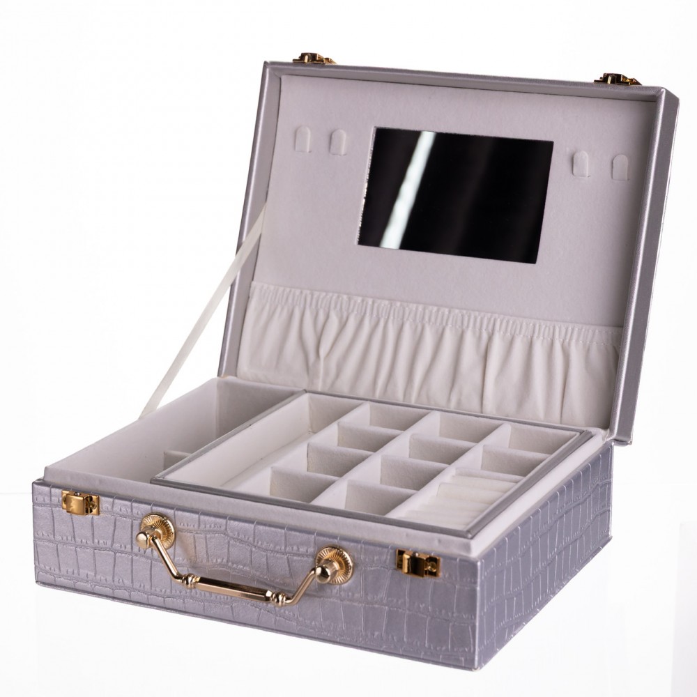 Шкатулка для украшений из эко кожи 19 отделений с зеркалом 23.5×14×8 см Серый HP-5-20G