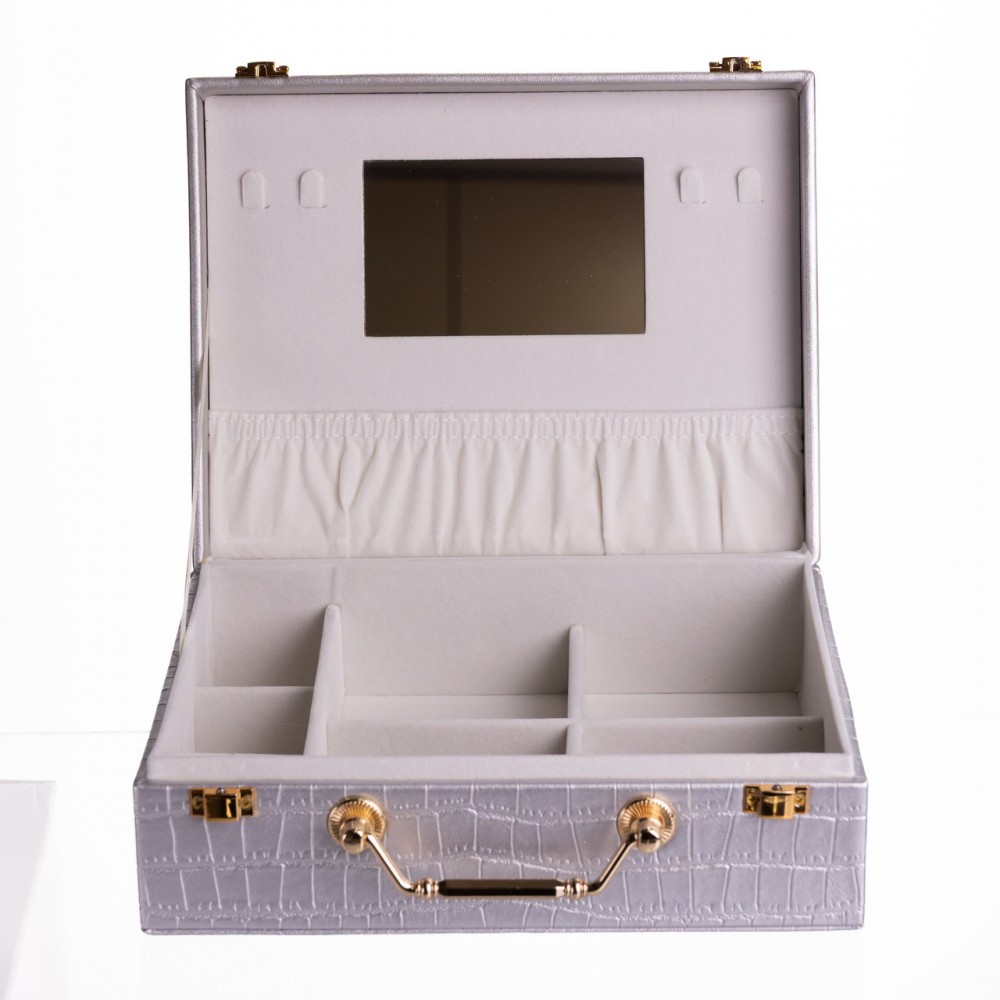 Шкатулка для украшений из эко кожи 19 отделений с зеркалом 23.5×14×8 см Серый HP-5-20G