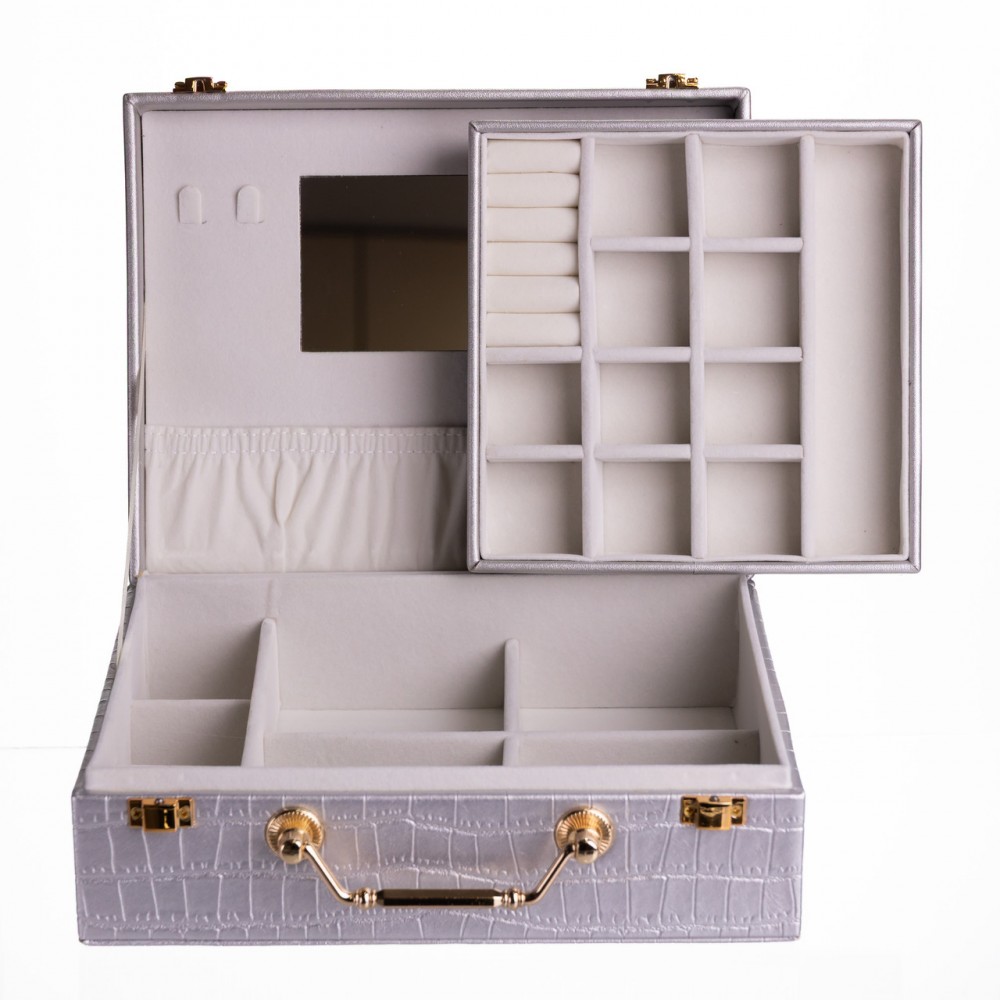 Шкатулка для украшений из эко кожи 19 отделений с зеркалом 23.5×14×8 см Серый HP-5-20G