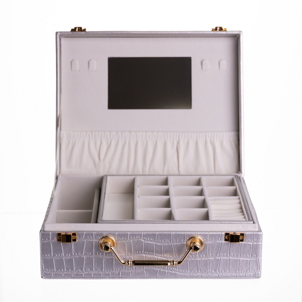 Шкатулка для украшений из эко кожи 19 отделений с зеркалом 23.5×14×8 см Серый HP-5-20G