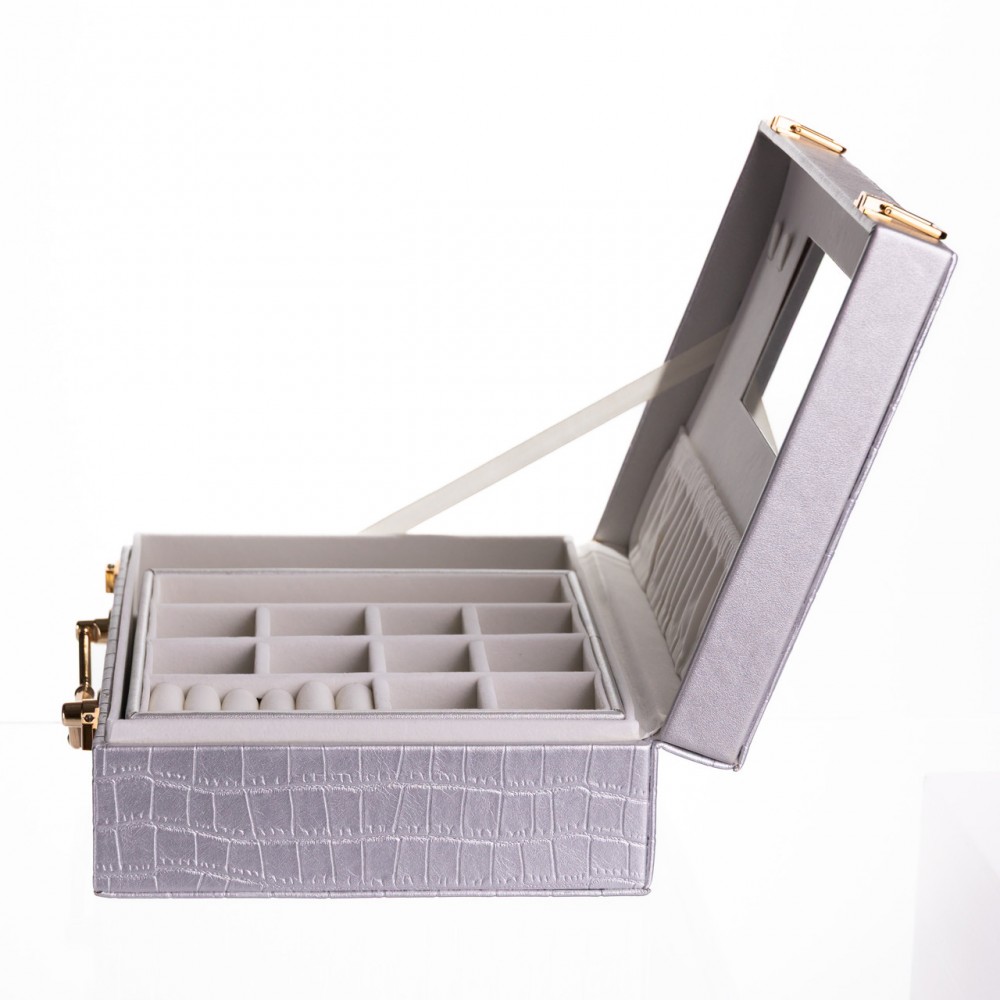 Шкатулка для украшений из эко кожи 19 отделений с зеркалом 23.5×14×8 см Серый HP-5-20G