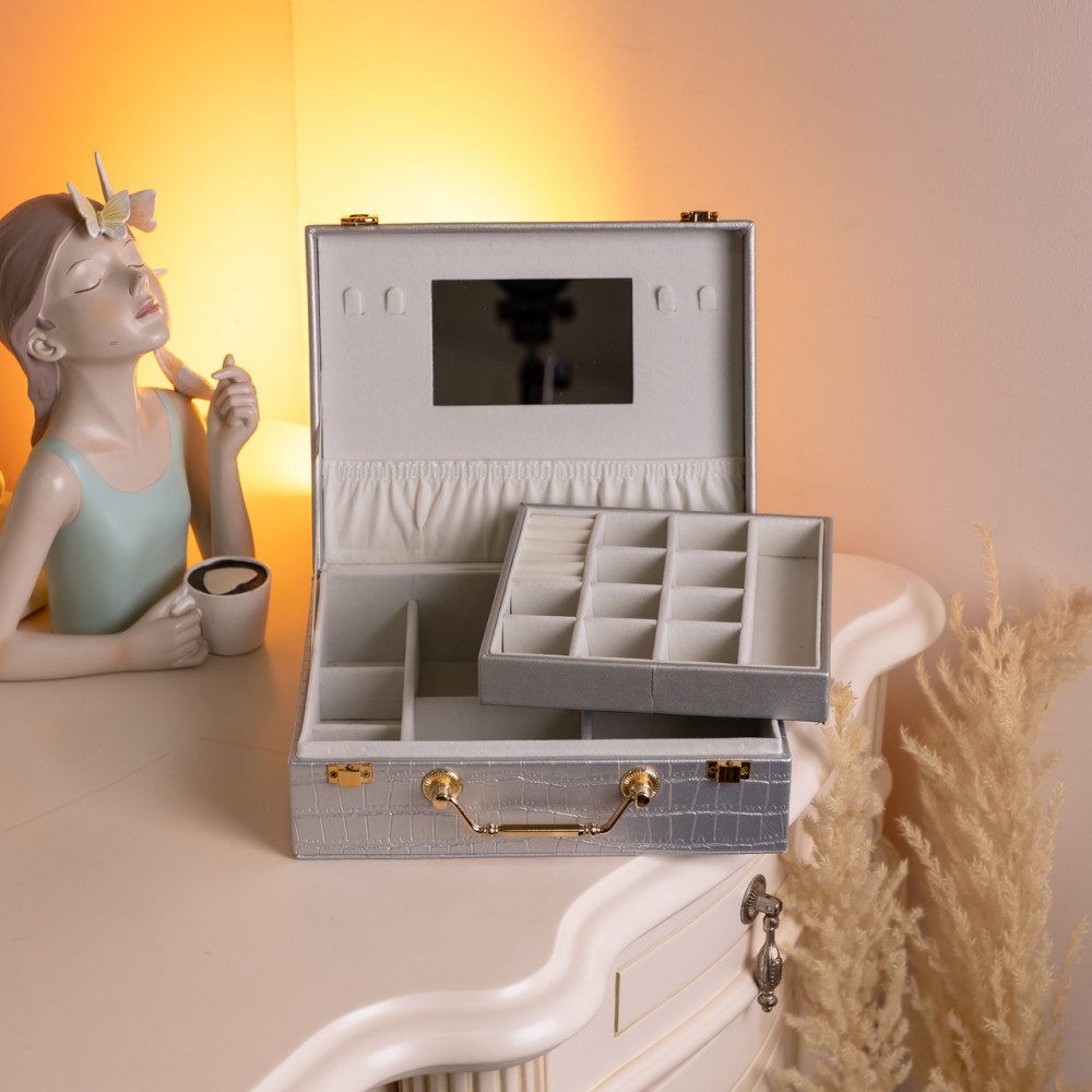 Шкатулка для украшений из эко кожи 19 отделений с зеркалом 23.5×14×8 см Серый HP-5-20G