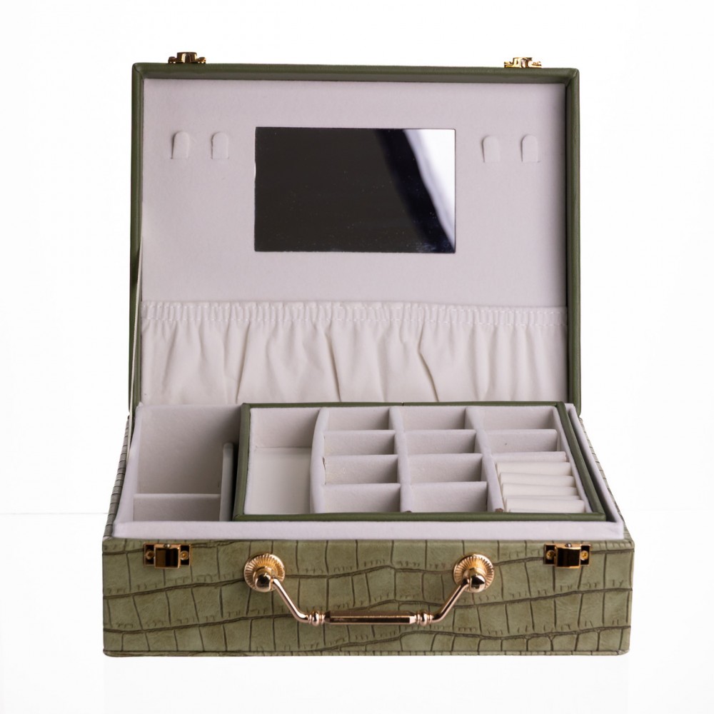 Шкатулка для украшений из эко кожи 19 отделений с зеркалом 23.5×14×8 см Зеленый HP-5-20GR