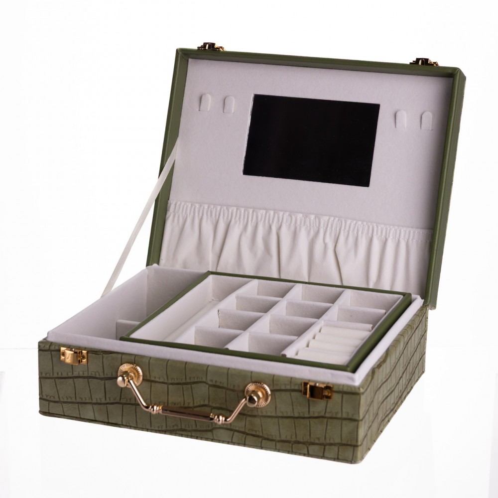 Шкатулка для украшений из эко кожи 19 отделений с зеркалом 23.5×14×8 см Зеленый HP-5-20GR