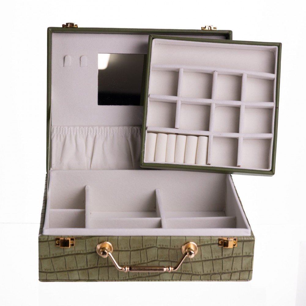 Шкатулка для украшений из эко кожи 19 отделений с зеркалом 23.5×14×8 см Зеленый HP-5-20GR