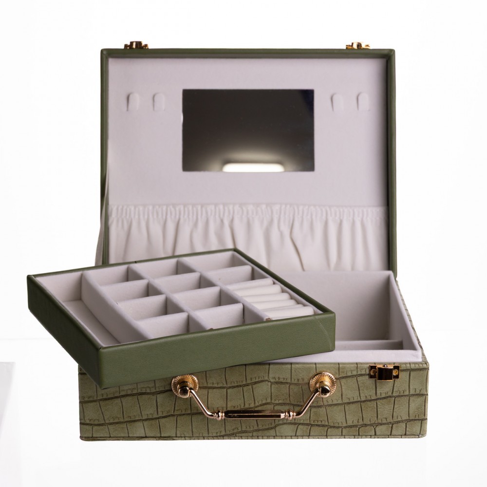 Шкатулка для украшений из эко кожи 19 отделений с зеркалом 23.5×14×8 см Зеленый HP-5-20GR