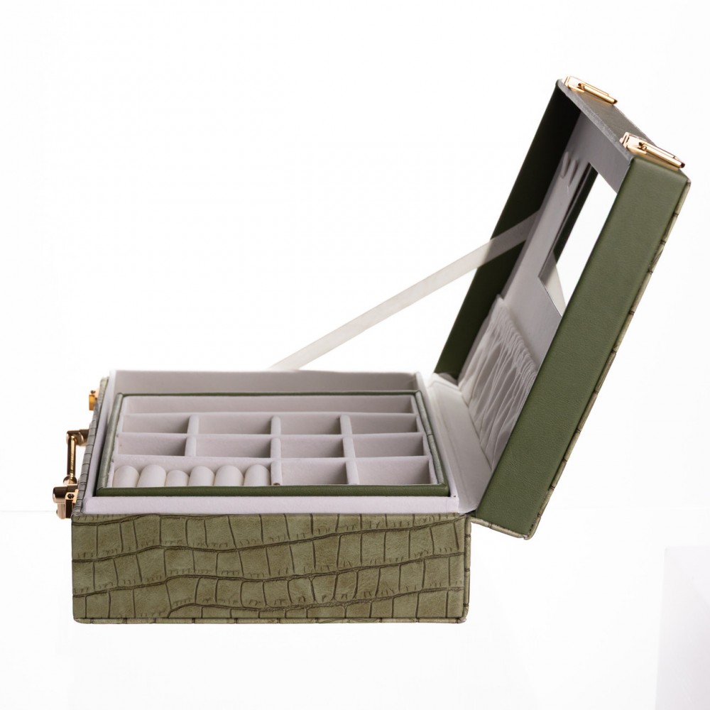 Шкатулка для украшений из эко кожи 19 отделений с зеркалом 23.5×14×8 см Зеленый HP-5-20GR