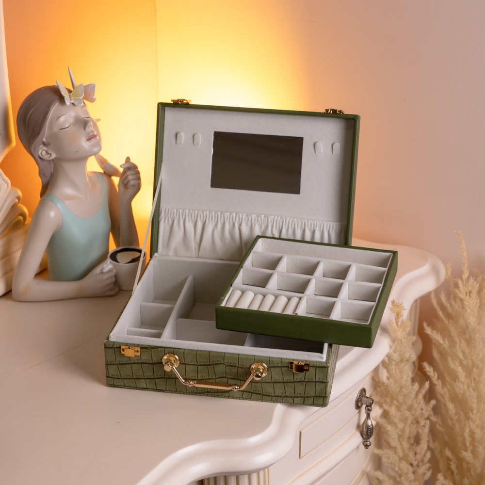 Шкатулка для украшений из эко кожи 19 отделений с зеркалом 23.5×14×8 см Зеленый HP-5-20GR