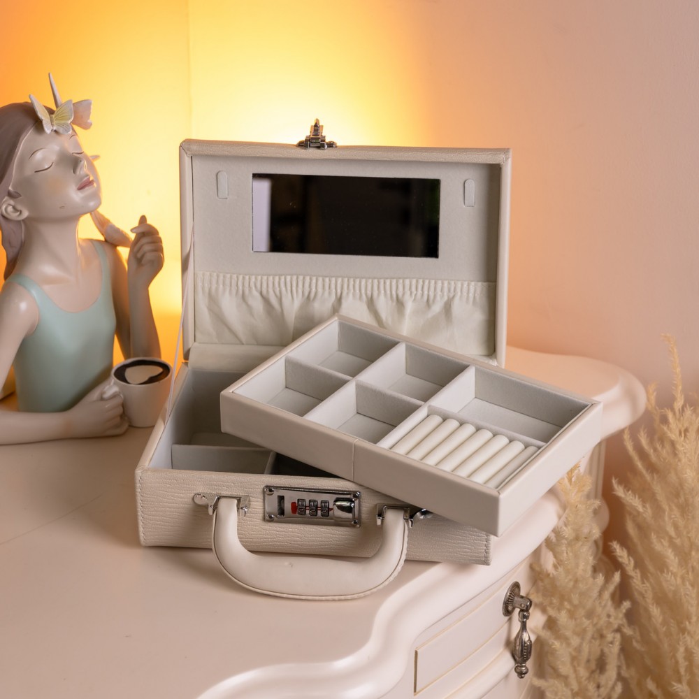 Шкатулка для украшений из эко кожи 2 яруса с кодовым замком Бежевый HP-5-24BE