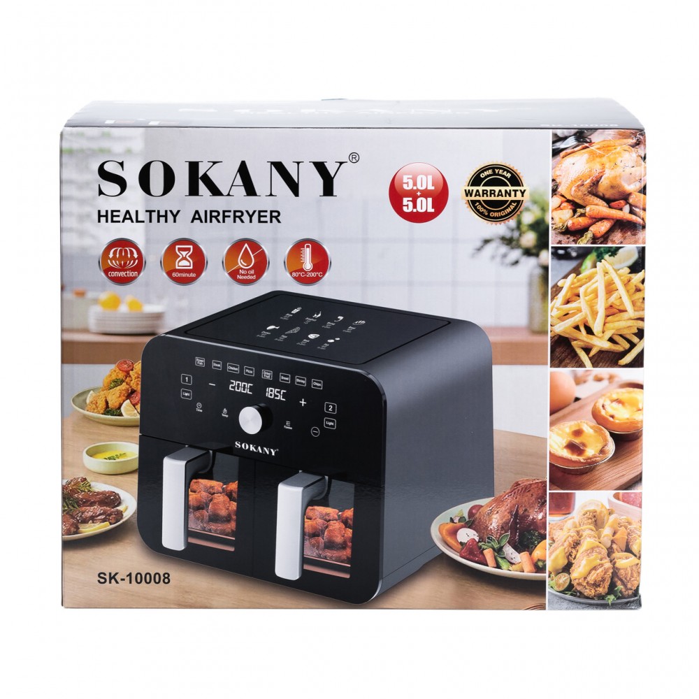 Аэрогриль-фритюрница SOKANY SK-10008 на 10 литров, два отделения 2400 Вт черная