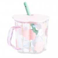 Чашка стеклянная 500 мл с ложкой и крышкой Розовый