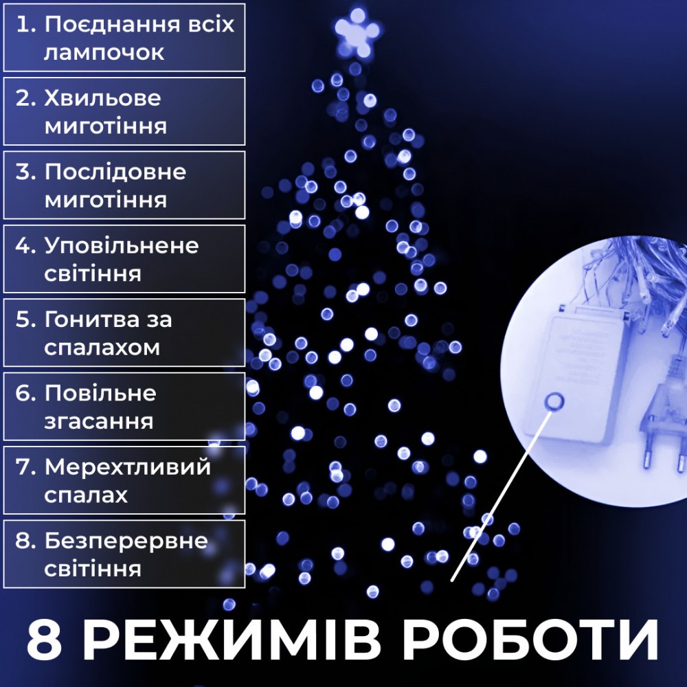 Гірлянда нитка 14м на 161 LED лампочок світлодіодна чорний провід 8 режимів роботи Синій