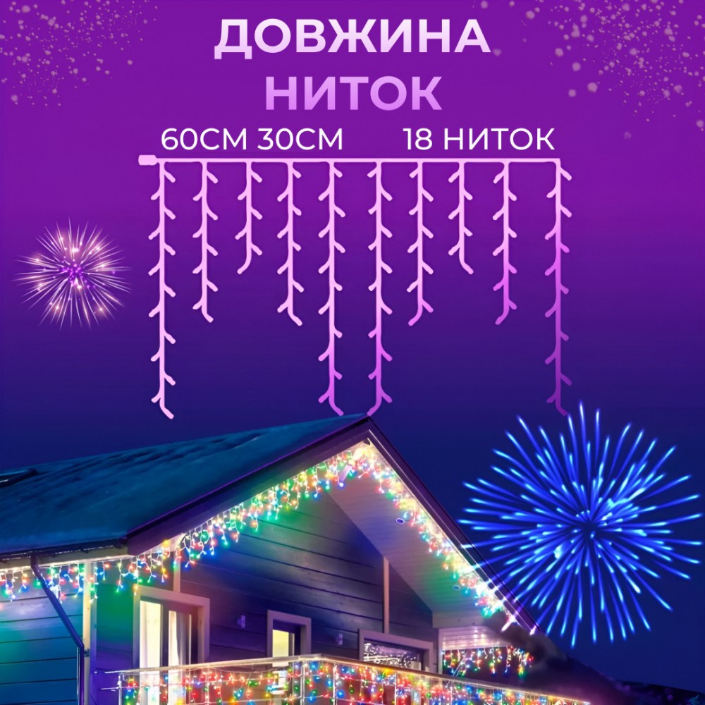 Гірлянда вулична світлодіодна 90 LED 3 метри білий дріт бахрома 18 ниток