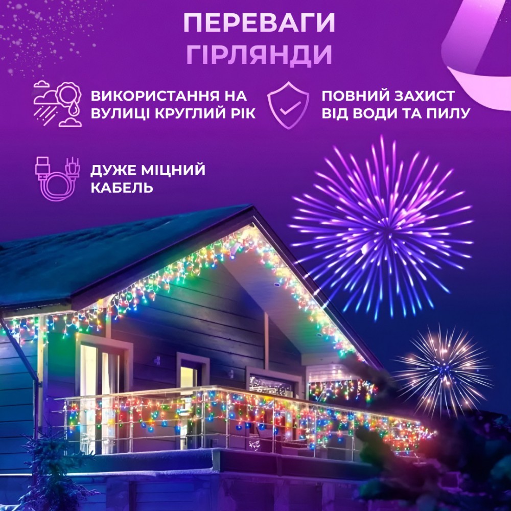 Гірлянда вулична світлодіодна 135 LED 6 метрів білий дріт бахрома 27 ниток Мультиколор