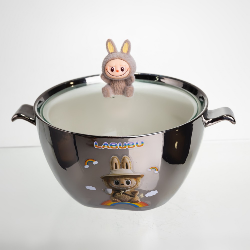 Бульонница фарфоровая Labubu с крышкой и ручками 800 (мл) Ø15 (см) детская тарелка для супа и лапши Серебристый с коричневым FM-34B