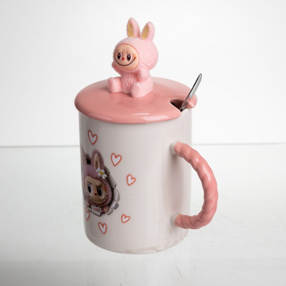 Чашка фарфоровая с крышкой и ложкой Labubu 300 (мл) подарочная кружка прикольная чашка для детей на подарок Розовый FM-35C